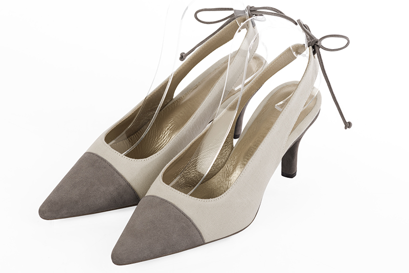 Pebble grey women's slingback shoes. Pointed toe. Medium slim heel. Front view - Florence KOOIJMAN